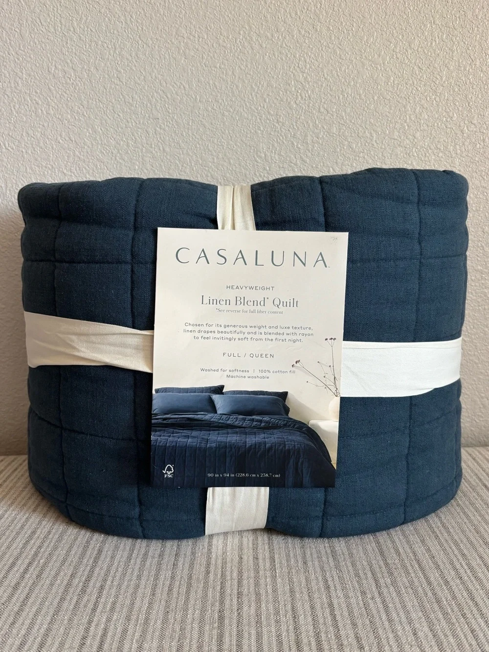 NWT Full/Queen Heavyweight Linen Blend Quilt Dark Mineral Blue - Casaluna